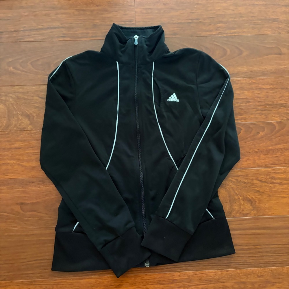 Adidas Womens Track Jacket Size M Black White Piping Big Logo Y2K Full Zip Coat
